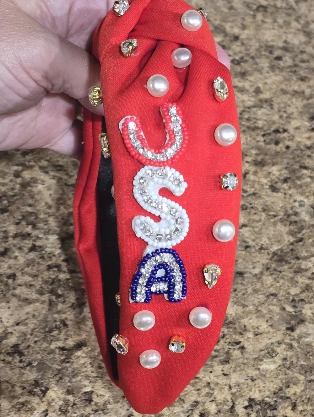 4th Of July USA Embellished Red Knot Headband with Crystal Letters